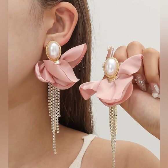 Statement Fabric Flower Pearl  Rhinestone Tassel Drop Earrings - Picture 1 of 9